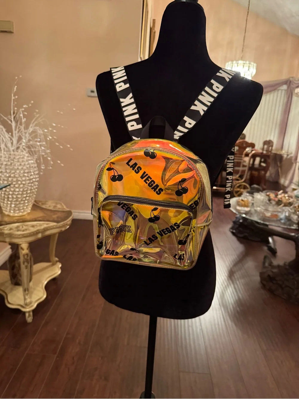 Victoria's Secret PINK Clear Iridescent transparent Backpack gold LAS VEGAS